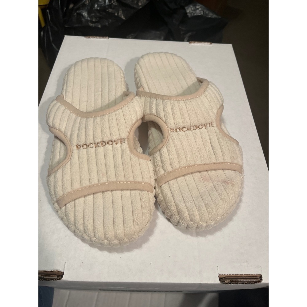 RockDove Womens Ribbed Corduroy Slide Slippers Cream Open Toe‎ House Shoes Logo